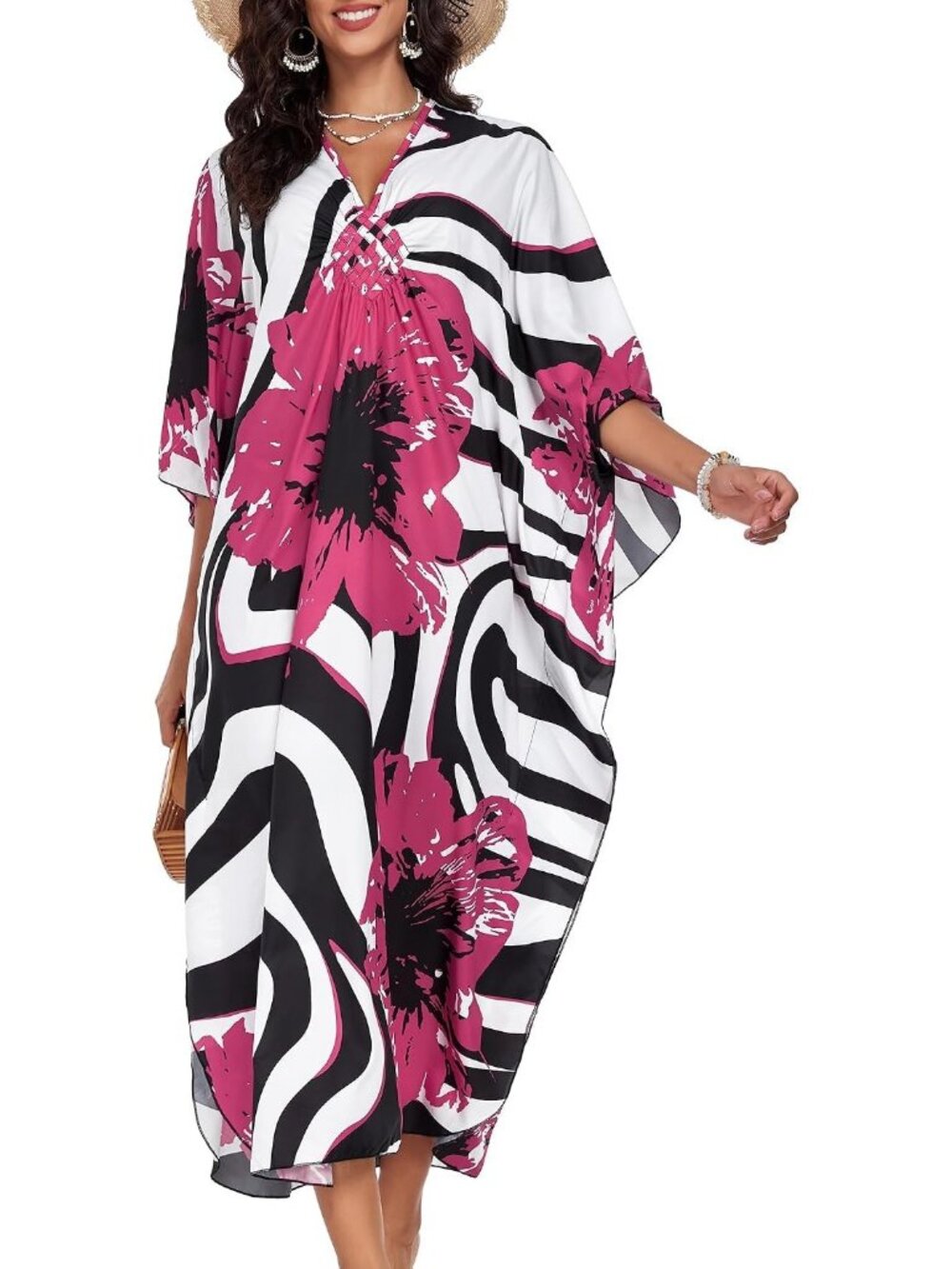 Women Rosy Red Flower Polyester Plus Size V Neck Printed Batwing Sleeves Coverup - Picture 4 of 6